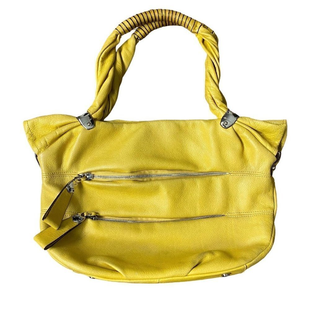 B Makowsky Handbag Yellow Leather Double Handle Shoulder Bag Satchel Medium Tote